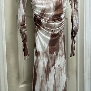 Commense Ruched Mesh Midi Dress Small Brown Tie Dye Long Sleeve Bodycon